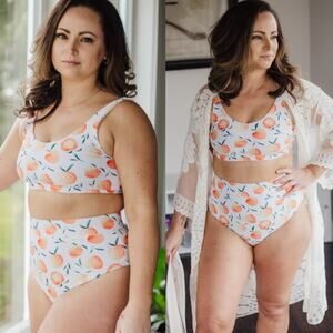 Current Tyed 2 Piece Swimsuit Bikini High Waisted Peaches Print White Womens XL